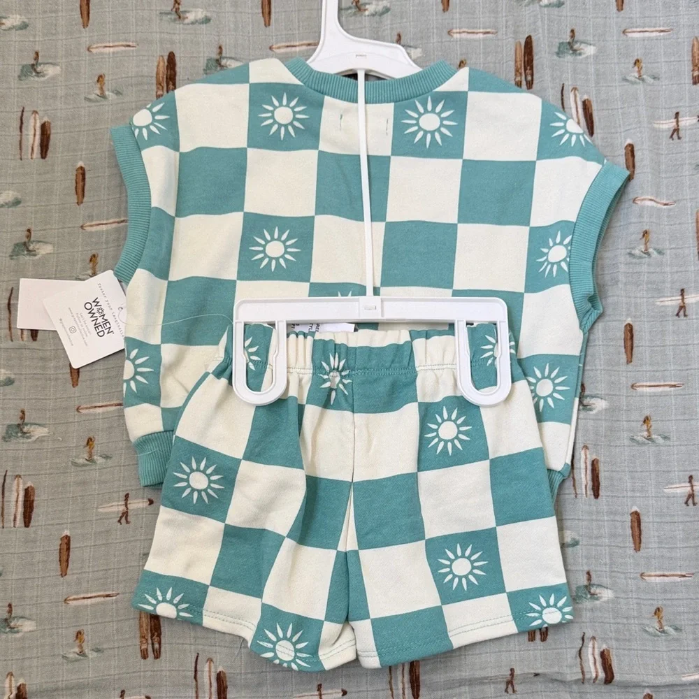 Grayson Mini Sun Checkerboard Kids Set - Teal and Cream